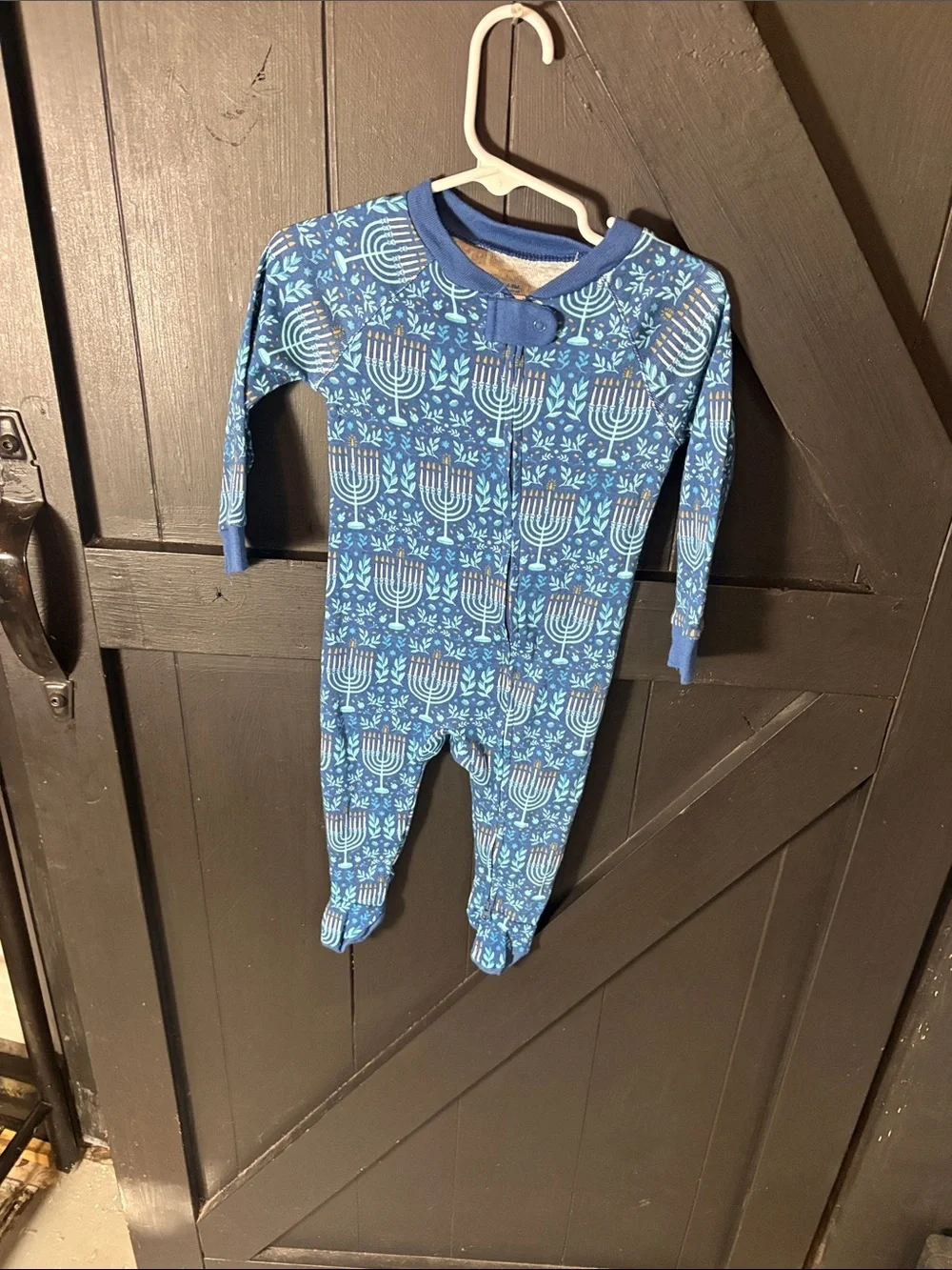 Blue Holiday Menorah Footed One-Piece Pajamas for Kids